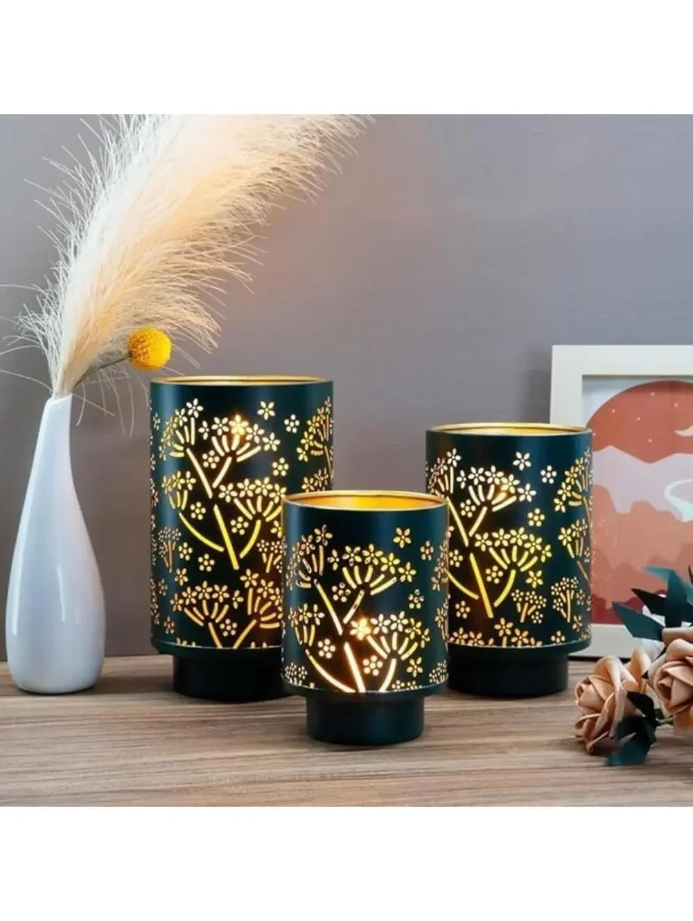 Illuminating Candle Holders 3pc Set Green Modern Farmhouse Candle Display Decor